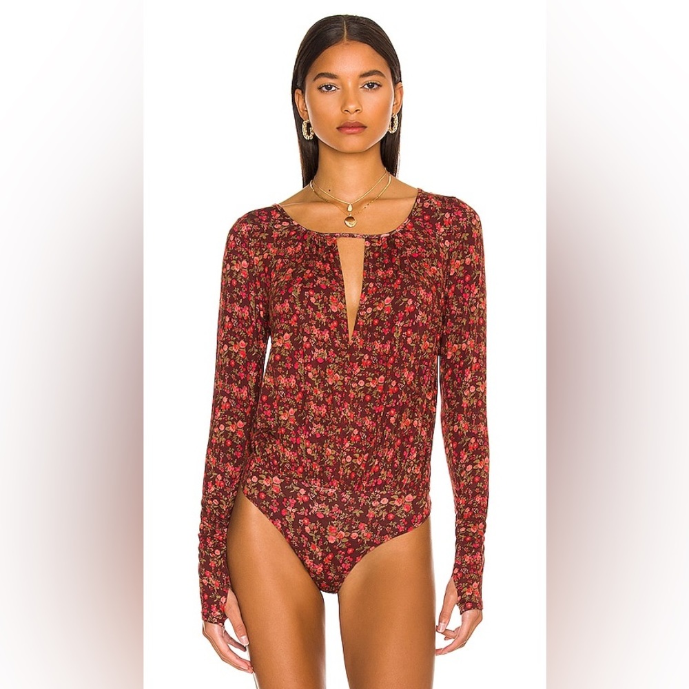 Free People chocolate brown combo Kaya red floral Printed Bodysuit size XS NWT